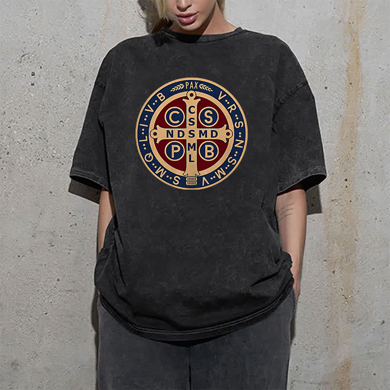 Christianartworkshop St. Benedict Medal Holy Cross Unisex Washed T-Shirt - image 9