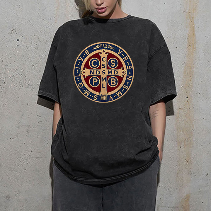 Christianartworkshop St. Benedict Medal Holy Cross Unisex Washed T-Shirt - image 9