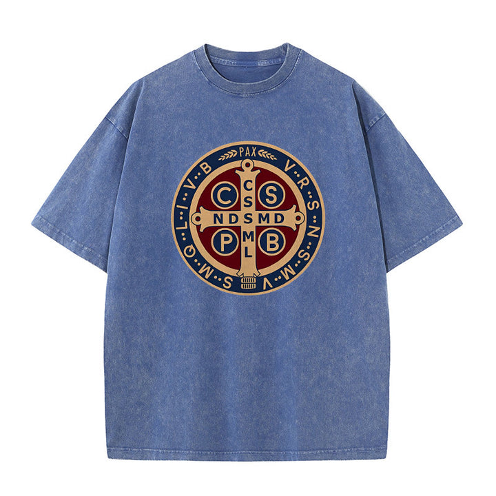 Christianartworkshop St. Benedict Medal Holy Cross Unisex Washed T-Shirt - Blue - 5XL - image 1
