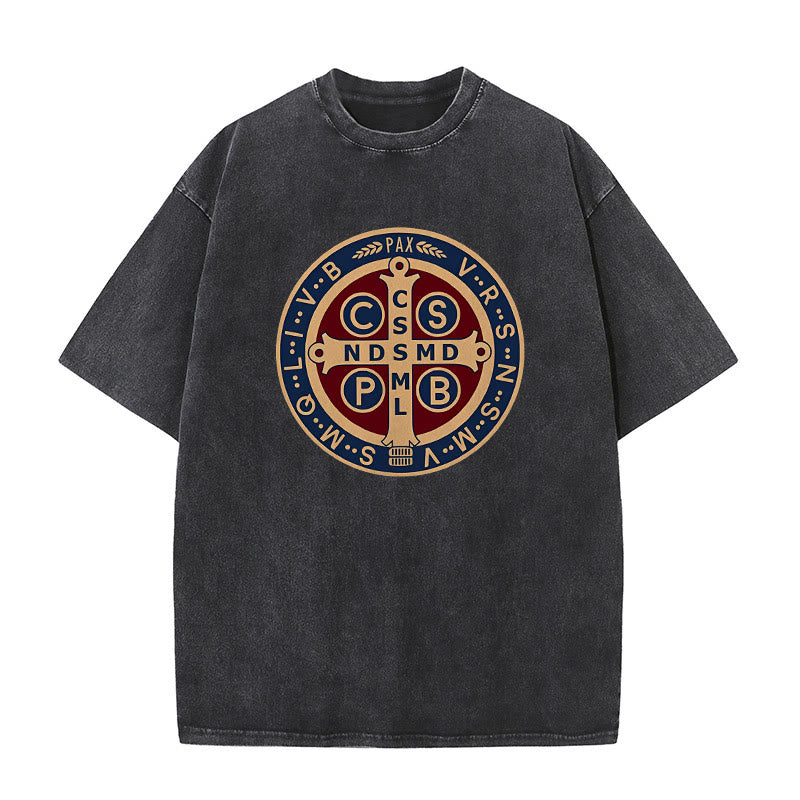 Christianartworkshop St. Benedict Medal Holy Cross Unisex Washed T-Shirt - Black - 5XL - image 0
