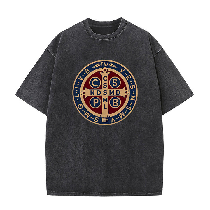 Christianartworkshop St. Benedict Medal Holy Cross Unisex Washed T-Shirt - Black - 5XL - image 0