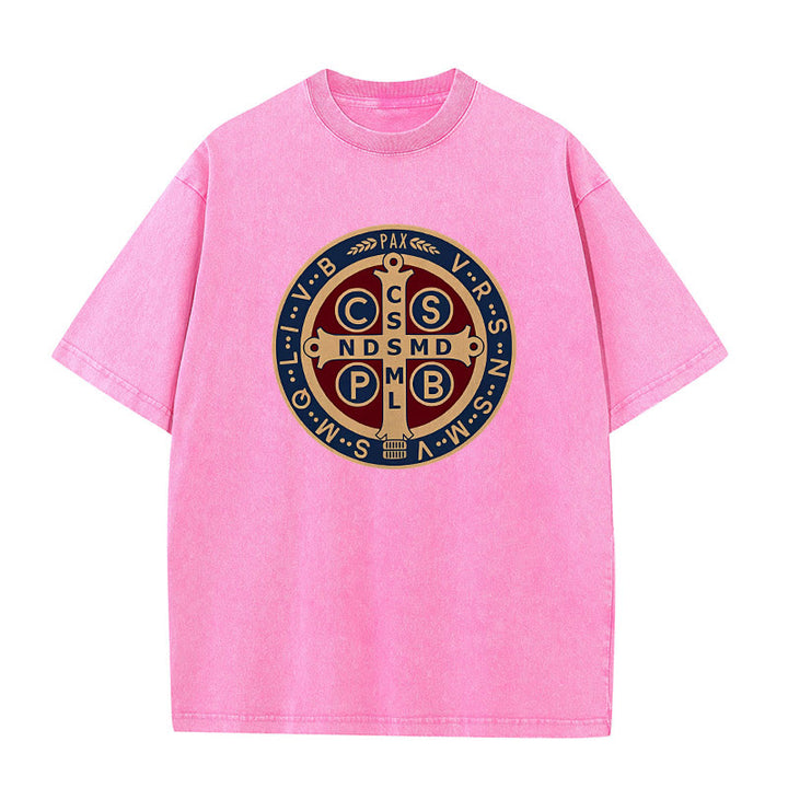 Christianartworkshop St. Benedict Medal Holy Cross Unisex Washed T-Shirt - Pink - 5XL - image 5