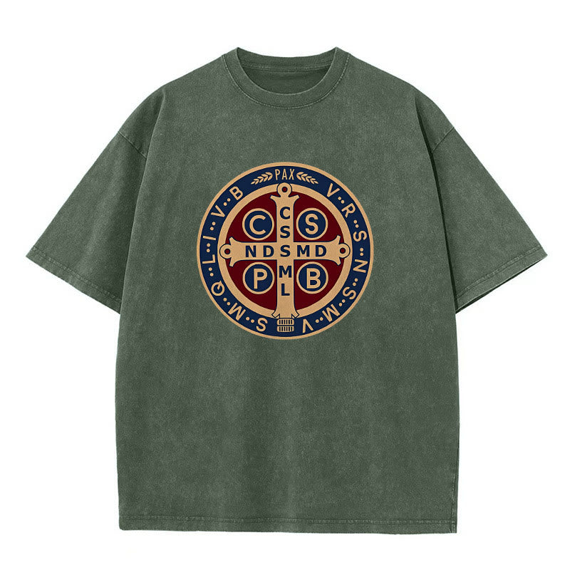 Christianartworkshop St. Benedict Medal Holy Cross Unisex Washed T-Shirt - Army Green - 5XL - image 3