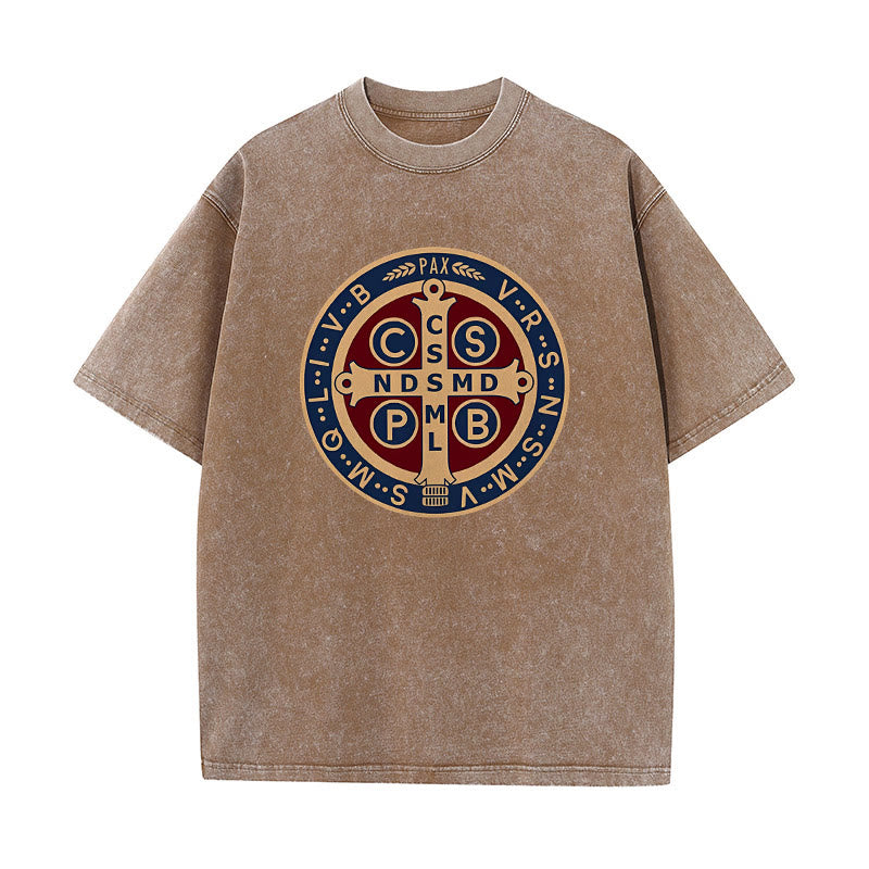 Christianartworkshop St. Benedict Medal Holy Cross Unisex Washed T-Shirt - Coffee - 5XL - image 4