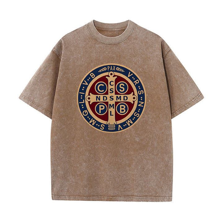 Christianartworkshop St. Benedict Medal Holy Cross Unisex Washed T-Shirt - Coffee - 5XL - image 4