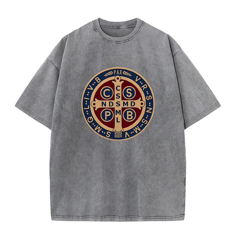 Christianartworkshop St. Benedict Medal Holy Cross Unisex Washed T-Shirt - Grey - 5XL - image 2