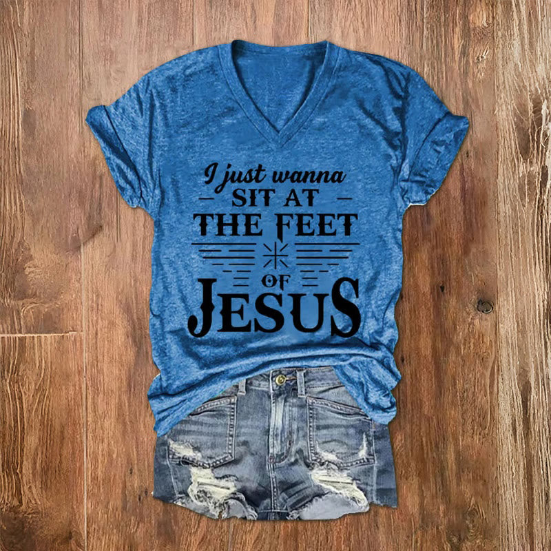 Christianartworkshop I Just Wanna Sit At The Feet of Jesus Print V-Neck T-shirt - Blue - 4XL - image 1