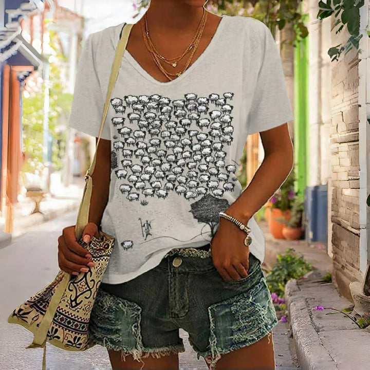 Christianartworkshop Flock of Sheep Graphic Print V-Neck T-shirt