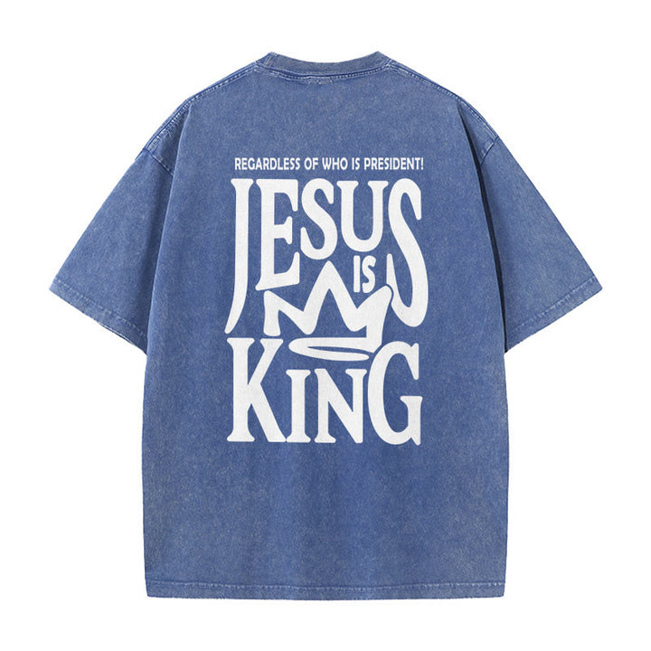 Christianartworkshop Jesus is King Statement Unisex Washed T-Shirt - Blue - 5XL - image 0