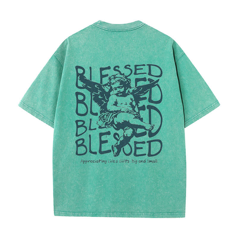 Christianartworkshop Inspired Blessed T-Shirt with Cherub Design Unisex Washed T-Shirt - Green - 5XL - image 5