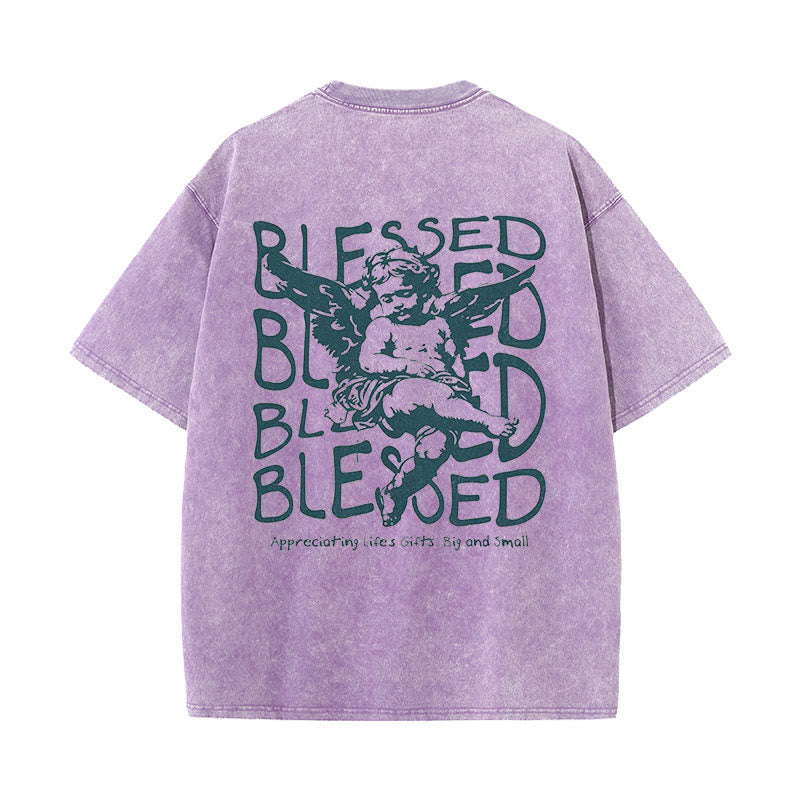 Christianartworkshop Inspired Blessed T-Shirt with Cherub Design Unisex Washed T-Shirt - Purple - 5XL - image 16