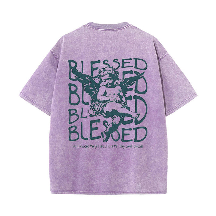 Christianartworkshop Inspired Blessed T-Shirt with Cherub Design Unisex Washed T-Shirt - Purple - 5XL - image 16