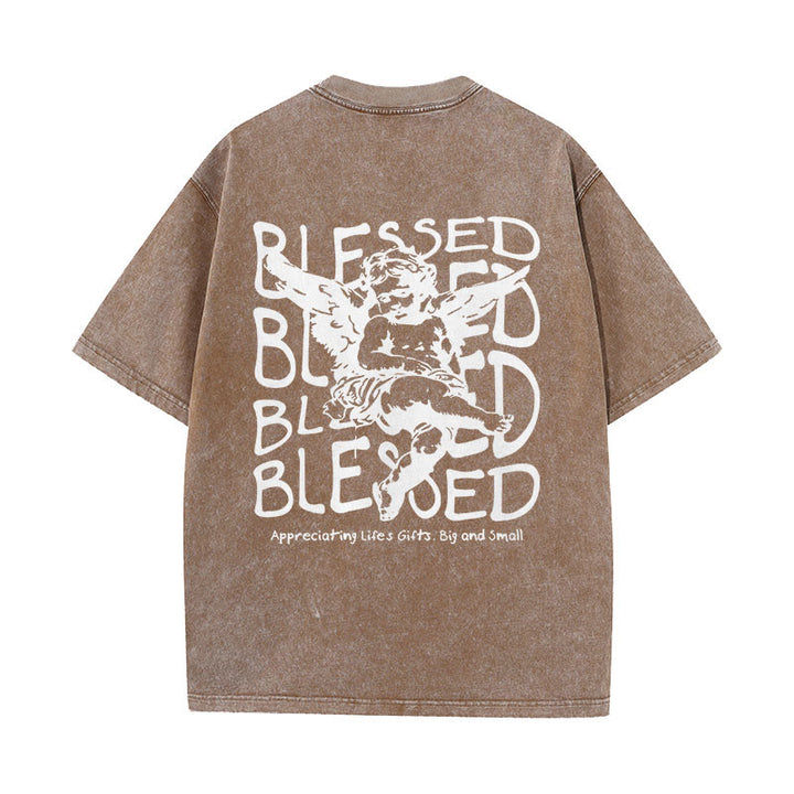 Christianartworkshop Inspired Blessed T-Shirt with Cherub Design Unisex Washed T-Shirt - Coffee - 5XL - image 12