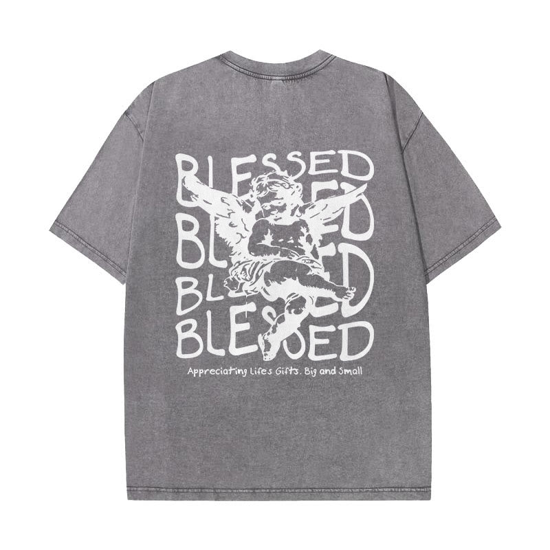 Christianartworkshop Inspired Blessed T-Shirt with Cherub Design Unisex Washed T-Shirt - Grey - 5XL - image 9