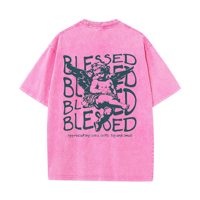 Christianartworkshop Inspired Blessed T-Shirt with Cherub Design Unisex Washed T-Shirt - Pink - 5XL - image 14