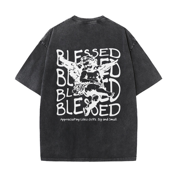 Christianartworkshop Inspired Blessed T-Shirt with Cherub Design Unisex Washed T-Shirt - Black - 5XL - image 3