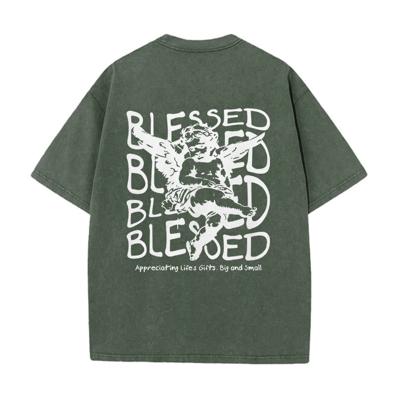 Christianartworkshop Inspired Blessed T-Shirt with Cherub Design Unisex Washed T-Shirt - Army Green - 5XL - image 7
