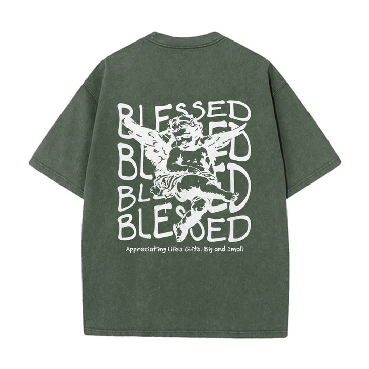 Christianartworkshop Inspired Blessed T-Shirt with Cherub Design Unisex Washed T-Shirt - Army Green - 5XL - image 7