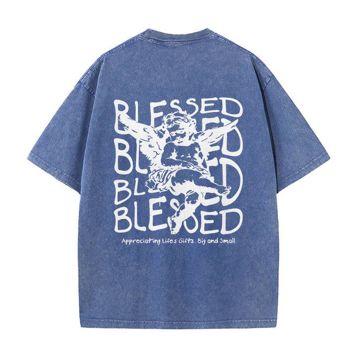 Christianartworkshop Inspired Blessed T-Shirt with Cherub Design Unisex Washed T-Shirt - Blue - 5XL - image 18