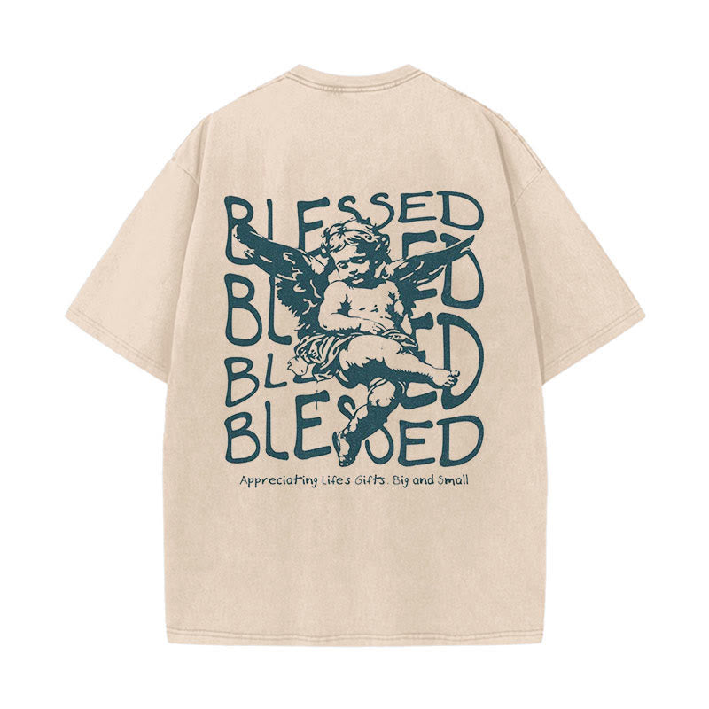 Christianartworkshop Inspired Blessed T-Shirt with Cherub Design Unisex Washed T-Shirt - Apricot - 5XL - image 0