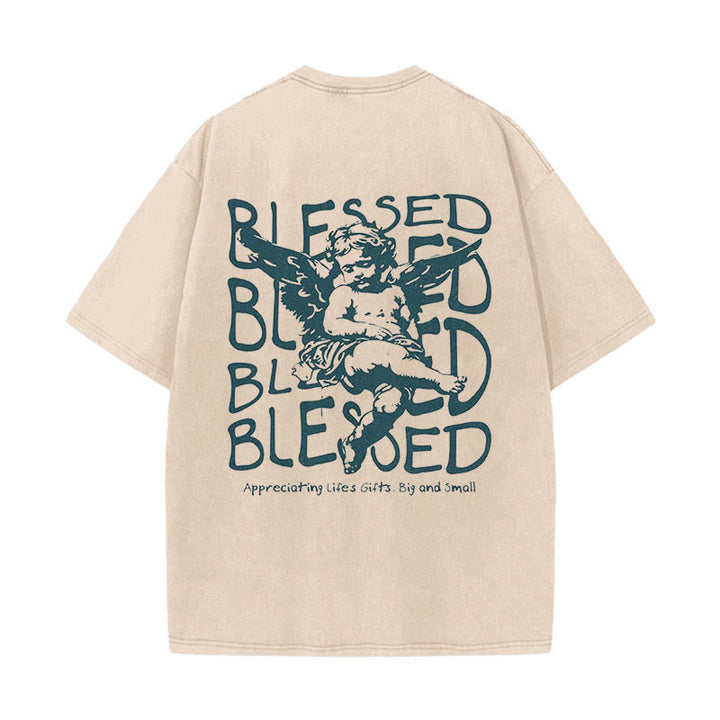 Christianartworkshop Inspired Blessed T-Shirt with Cherub Design Unisex Washed T-Shirt - Apricot - 5XL - image 0
