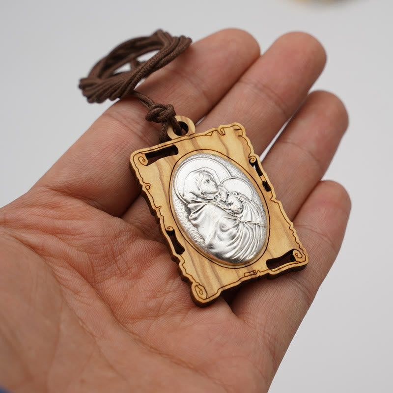 Christianartworkshop Olive Wood & Metal Virgin Mary Pendant Necklace: A Timeless Devotional Keepsake - image 0
