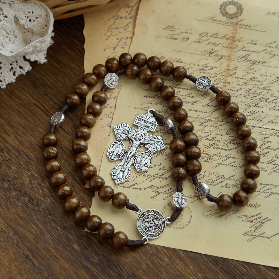 Christianartworkshop St. Benedict Medal Church Forgiveness Absolution Wooden Necklace Rosary Gift - Wooden Beads - image 0
