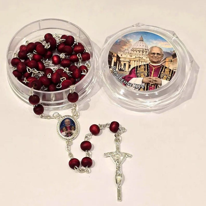Christianartworkshop Pope Leo XIV Red Wood Beads Rosary Commemorating: A Spiritual Treasure - Red - image 1