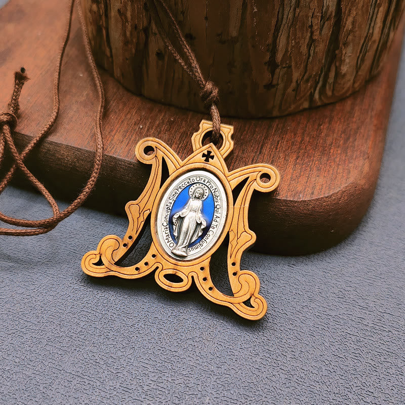 Christianartworkshop Vintage Olive Wood Miraculous Medal Necklace: A Timeless Emblem of Divine Grace - image 0