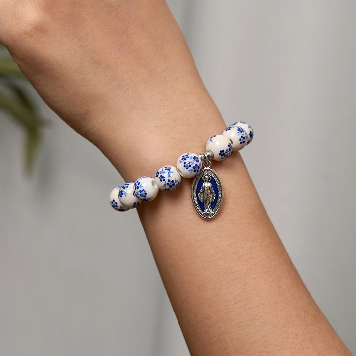 Christianartworkshop Blue & White Beaded Floral Bracelet with Miraculous Medal - image 2