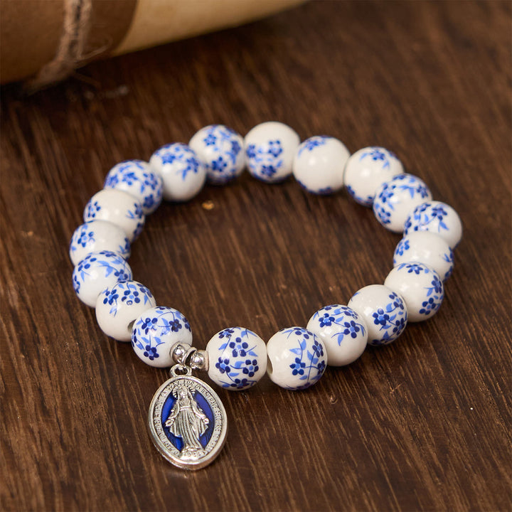 Christianartworkshop Blue & White Beaded Floral Bracelet with Miraculous Medal - image 0