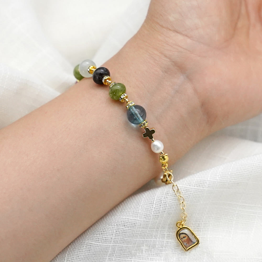 Christianartworkshop Miraculous Medal & Cross of Round Multicolor Natural Tourmaline Agate Bracelet - image 6