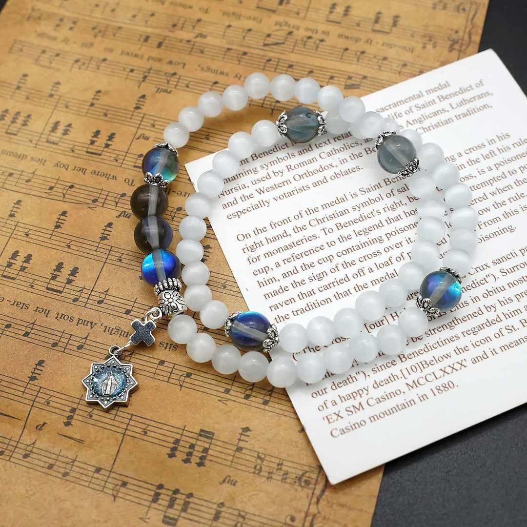 Christianartworkshop Minimalist Adjustable Bracelet with Multicolored Cat's Eye Stones and Miraculous Medal - Grey - image 0