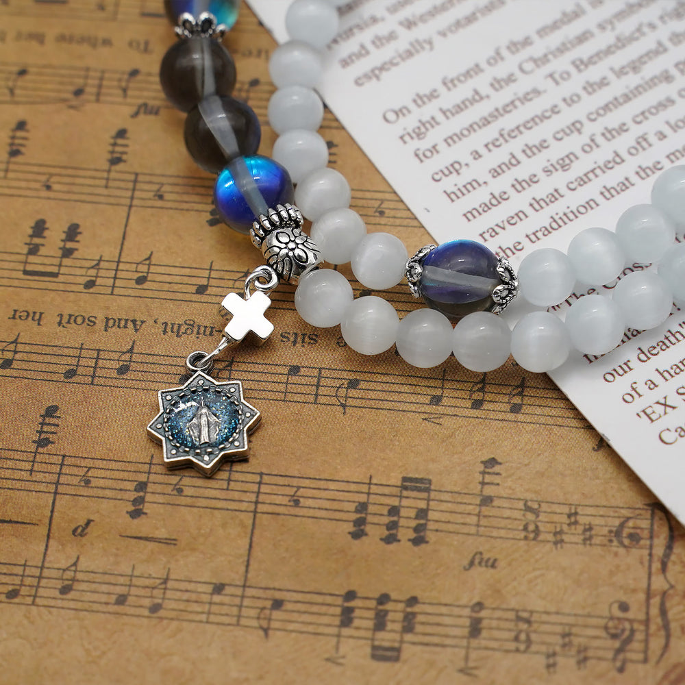 Christianartworkshop Minimalist Adjustable Bracelet with Multicolored Cat's Eye Stones and Miraculous Medal - image 2