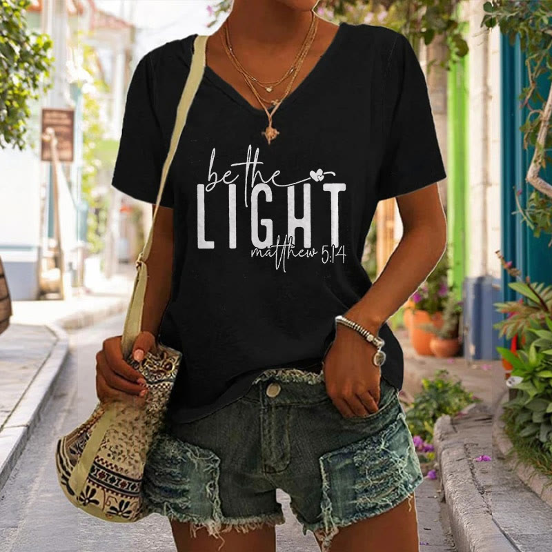 Christianartworkshop Women's Be The Light Faith Print V-Neck T-shirt
