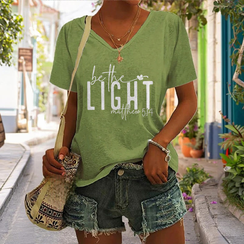 Christianartworkshop Women's Be The Light Faith Print V-Neck T-shirt