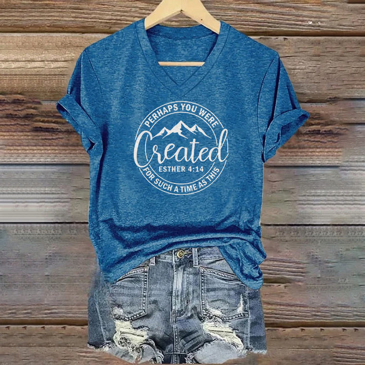 Christianartworkshop Women's Perhaps You Were Created Print V-Neck T-shirt - Blue - 4XL - image 0