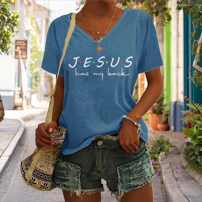 Christianartworkshop Women's Jesus Has My Back Print V-Neck T-shirt - image 6
