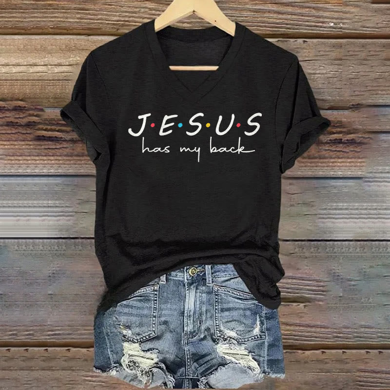 Christianartworkshop Women's Jesus Has My Back Print V-Neck T-shirt - Black - 4XL - image 0