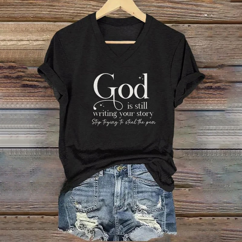 Christianartworkshop Women's God Is Still Writing Your Story Print V-Neck T-shirt - Black - 4XL - image 3