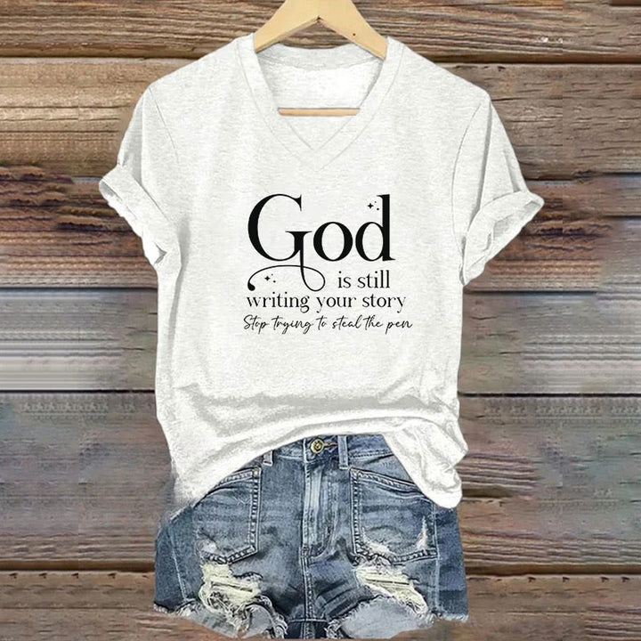 Christianartworkshop Women's God Is Still Writing Your Story Print V-Neck T-shirt - White - 4XL - image 0