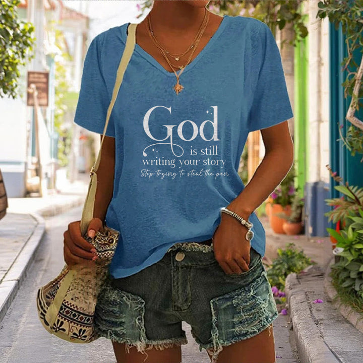 Christianartworkshop Women's God Is Still Writing Your Story Print V-Neck T-shirt - image 6