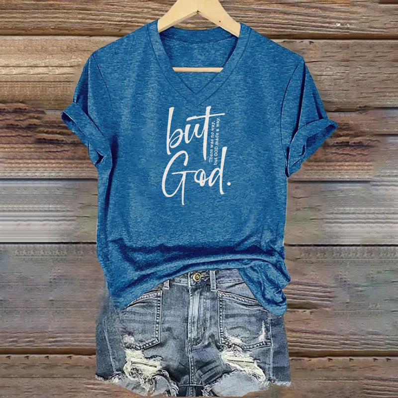 Christianartworkshop Women's Faith Christian But God Bible Verse Print V-Neck T-shirt - Blue - 4XL - image 5
