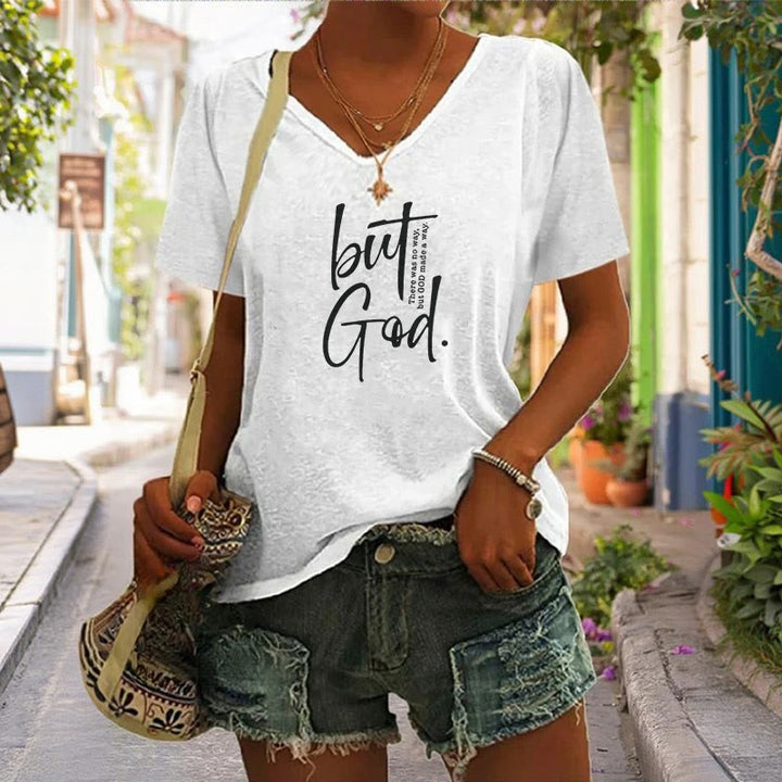Christianartworkshop Women's Faith Christian But God Bible Verse Print V-Neck T-shirt - image 4