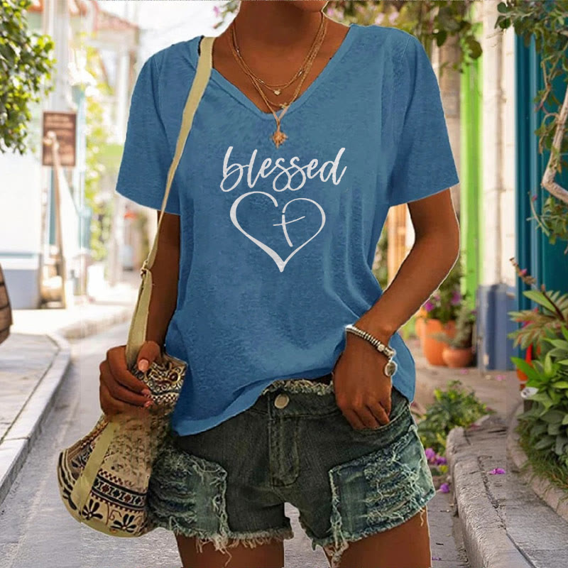 Christianartworkshop Women's Blessed Love Cross Jesus Has My Back Print V-Neck T-shirt - image 7