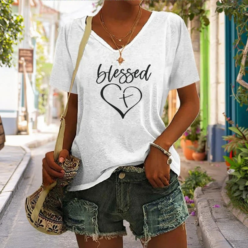 Christianartworkshop Women's Blessed Love Cross Jesus Has My Back Print V-Neck T-shirt - image 2