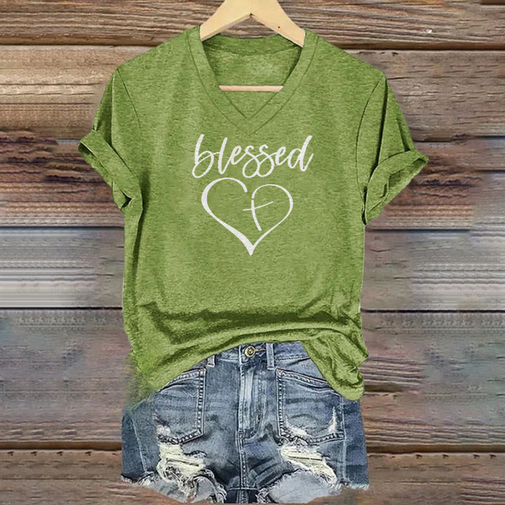 Christianartworkshop Women's Blessed Love Cross Jesus Has My Back Print V-Neck T-shirt - Green - 4XL - image 4