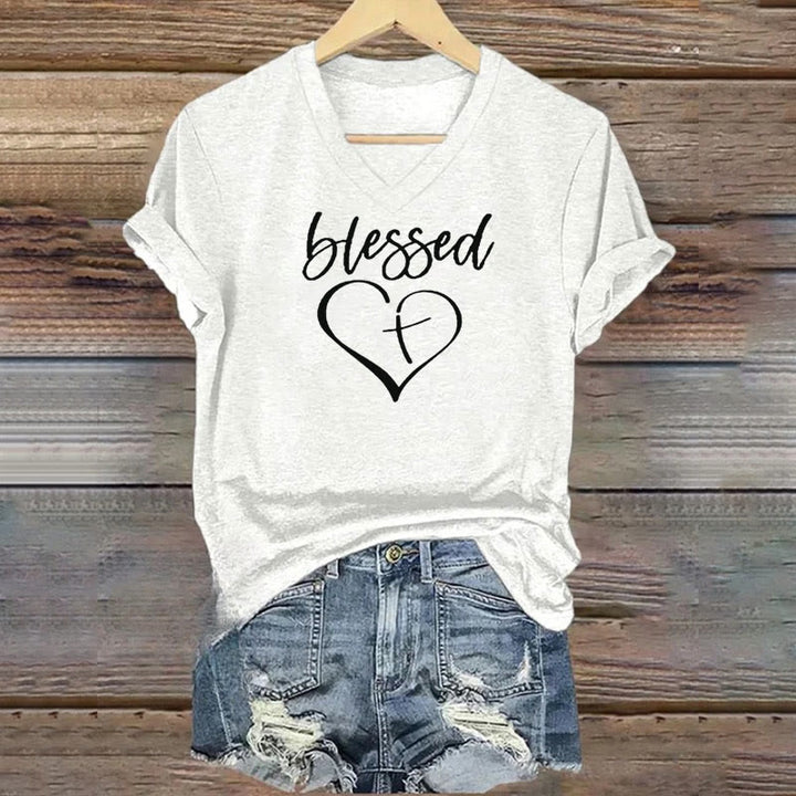 Christianartworkshop Women's Blessed Love Cross Jesus Has My Back Print V-Neck T-shirt - White - 4XL - image 0