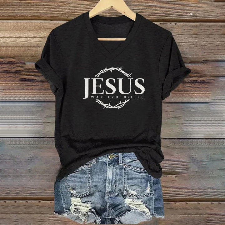 Christianartworkshop Women's Jesus Print Casual Print V-Neck T-shirt