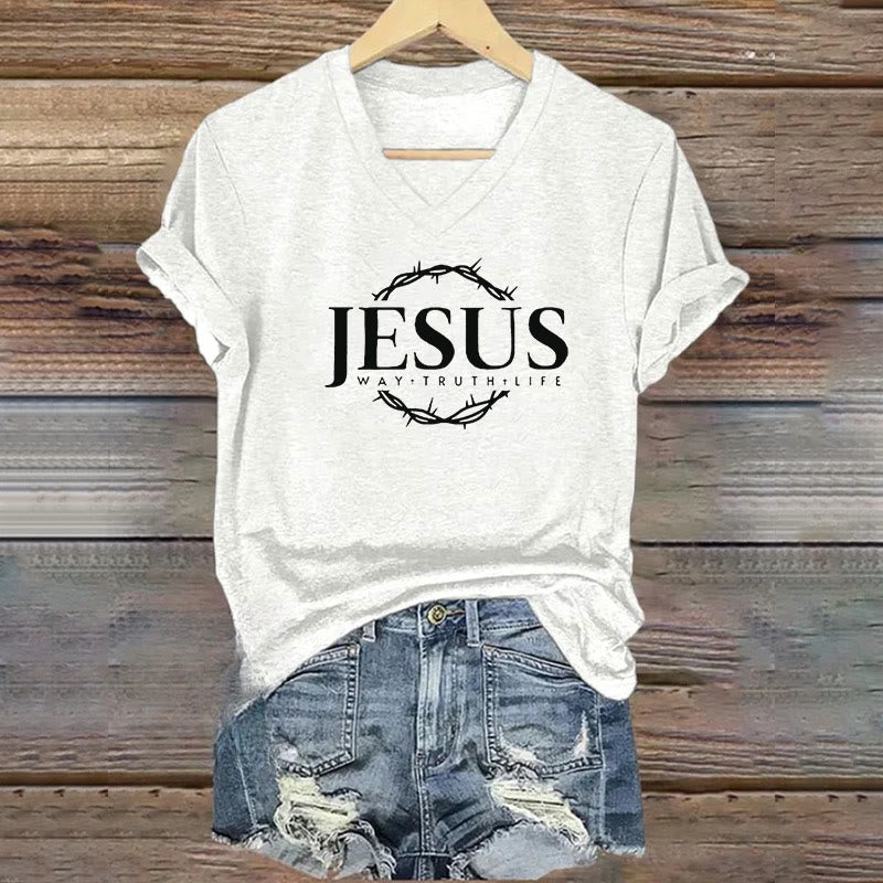 Christianartworkshop Women's Jesus Print Casual Print V-Neck T-shirt - White - 4XL - image 2